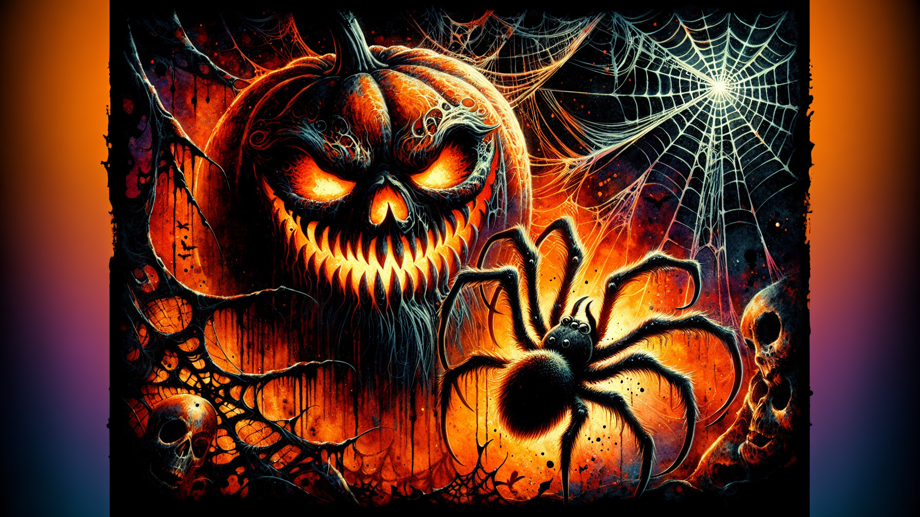 Sinister Halloween Scene with Glowing Pumpkin and Webs