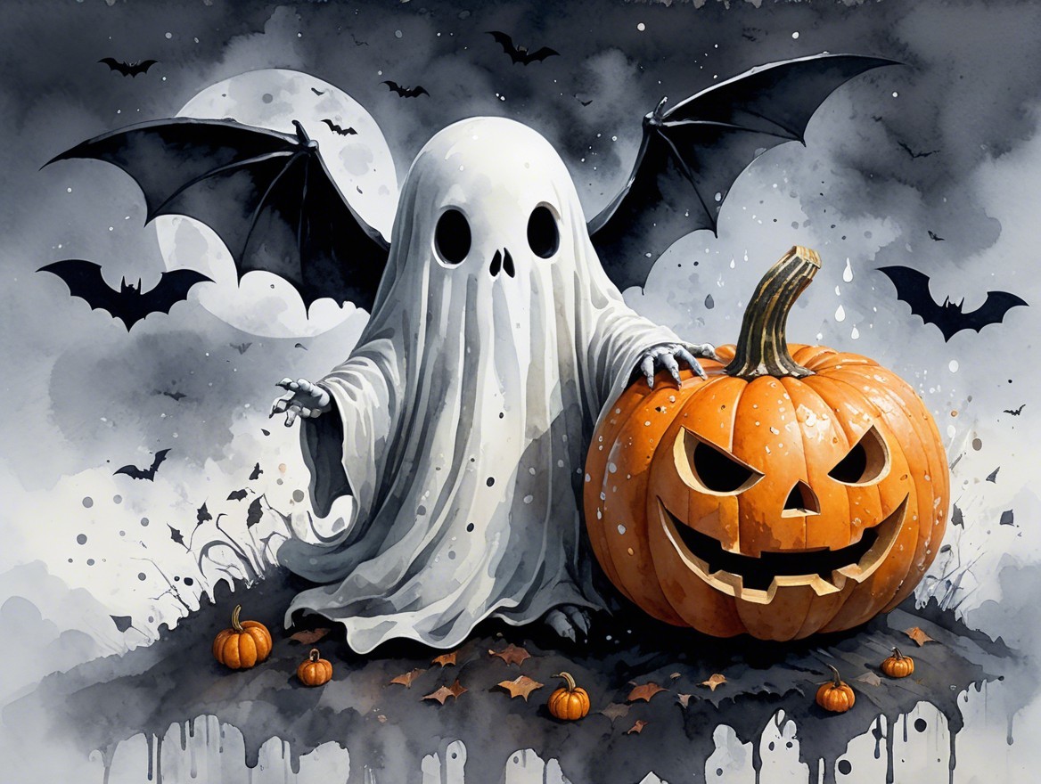 Whimsical Ghost and Jack-o'-Lantern Halloween Scene