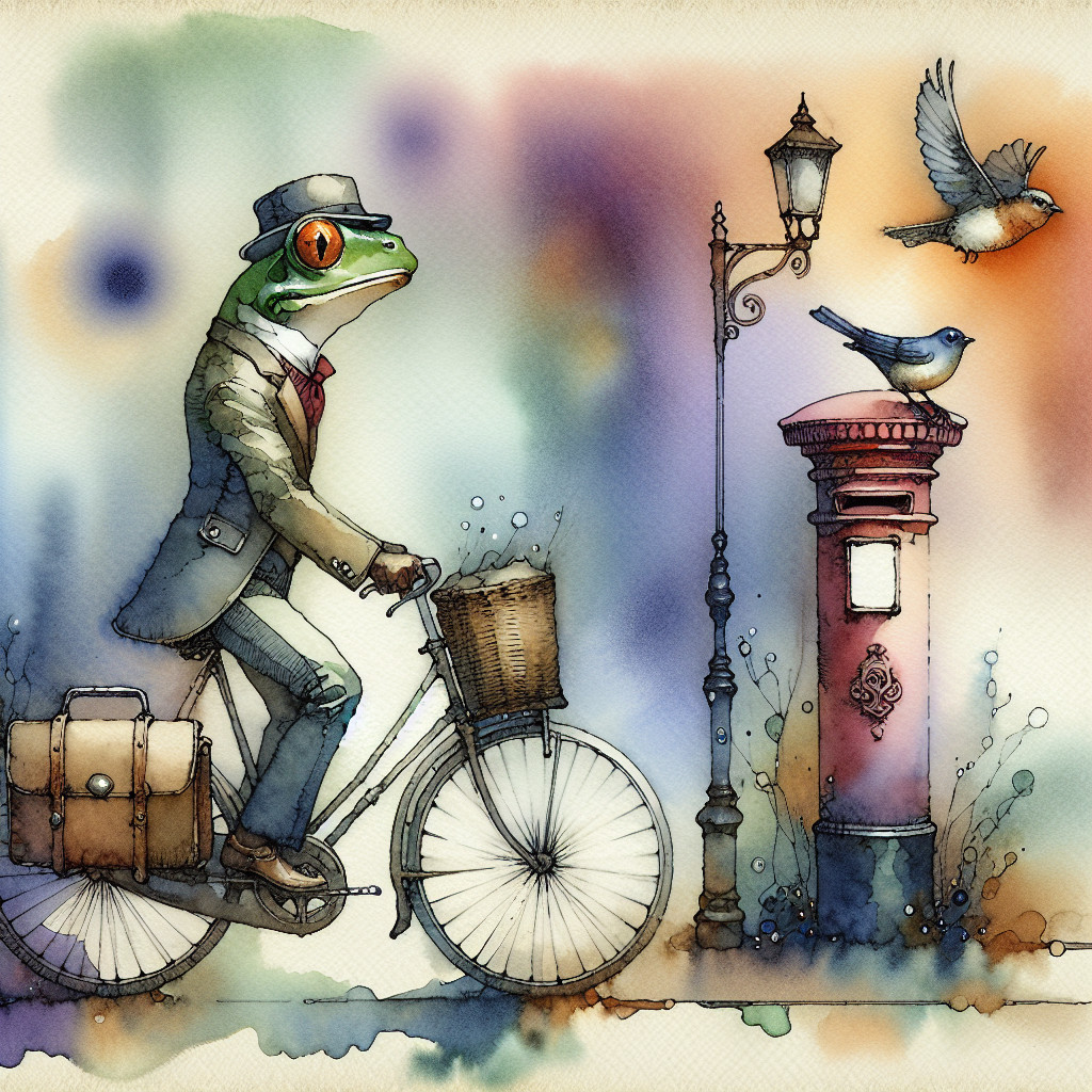 Whimsical Frog Illustration with Bicycle and Nature Elements