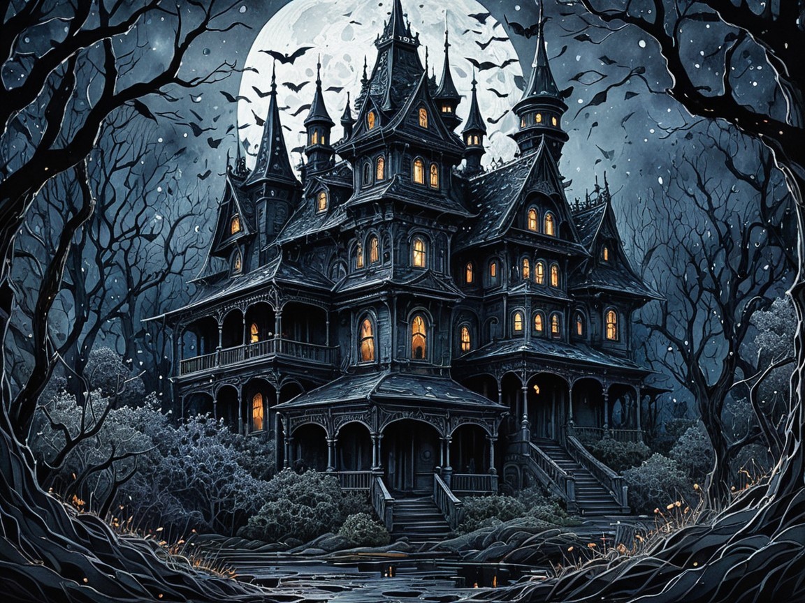 Gothic Mansion Under Full Moon with Eerie Charm