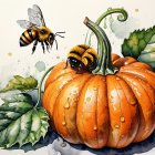 Vibrant Pumpkin with Bees and Lush Green Leaves