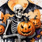 Whimsical Halloween Scene with Skeleton and Pumpkins