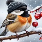 Colorful Bird in Winter Scene with Snowy Branch