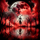 Eerie Landscape with Skeletal Figure and Red Moon
