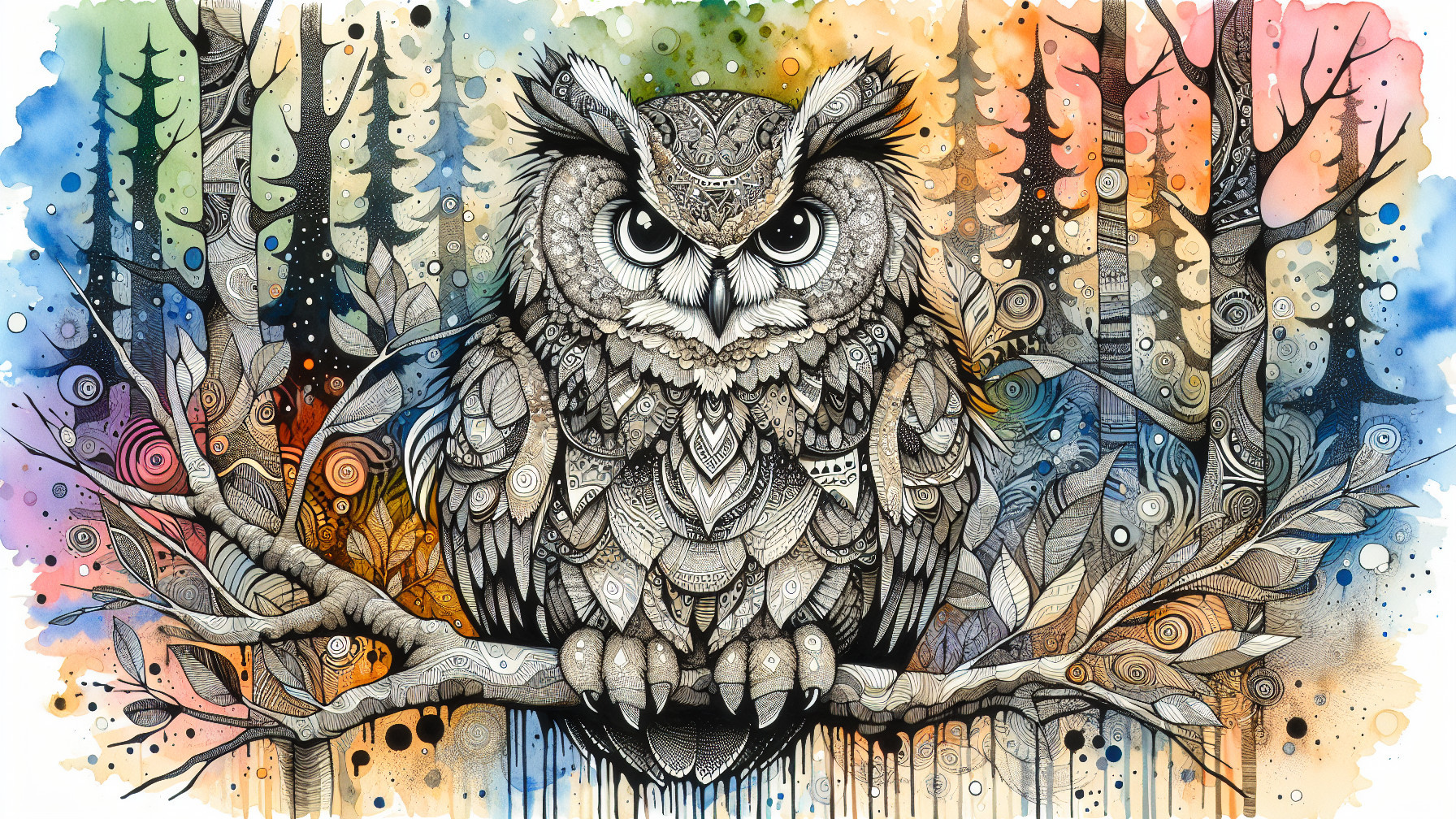 Intricate Owl Design with Abstract Trees and Colors