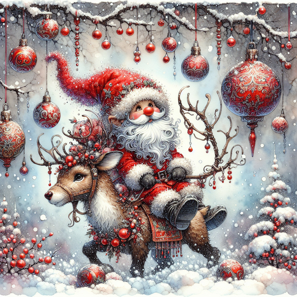 Santa Claus on a reindeer in a snowy Christmas scene