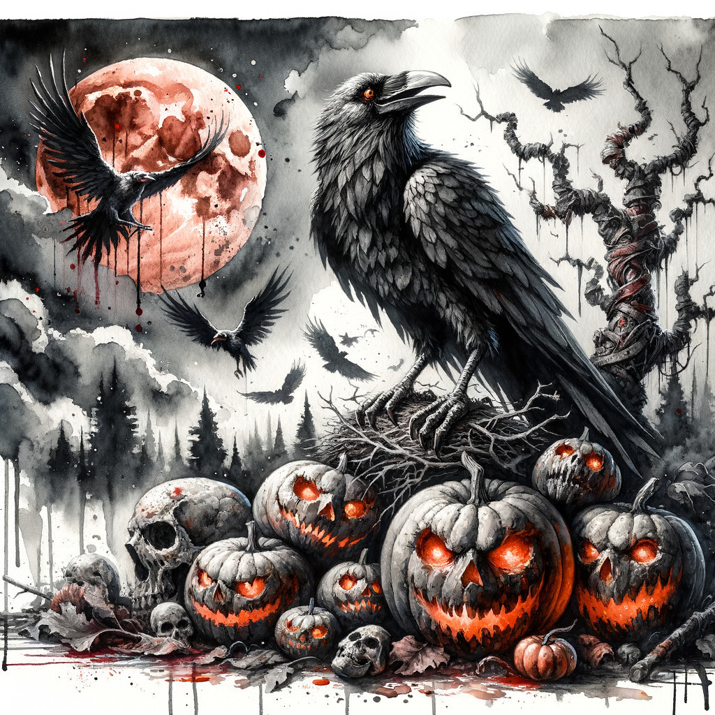Eerie Scene with Ravens, Pumpkins, and Skulls
