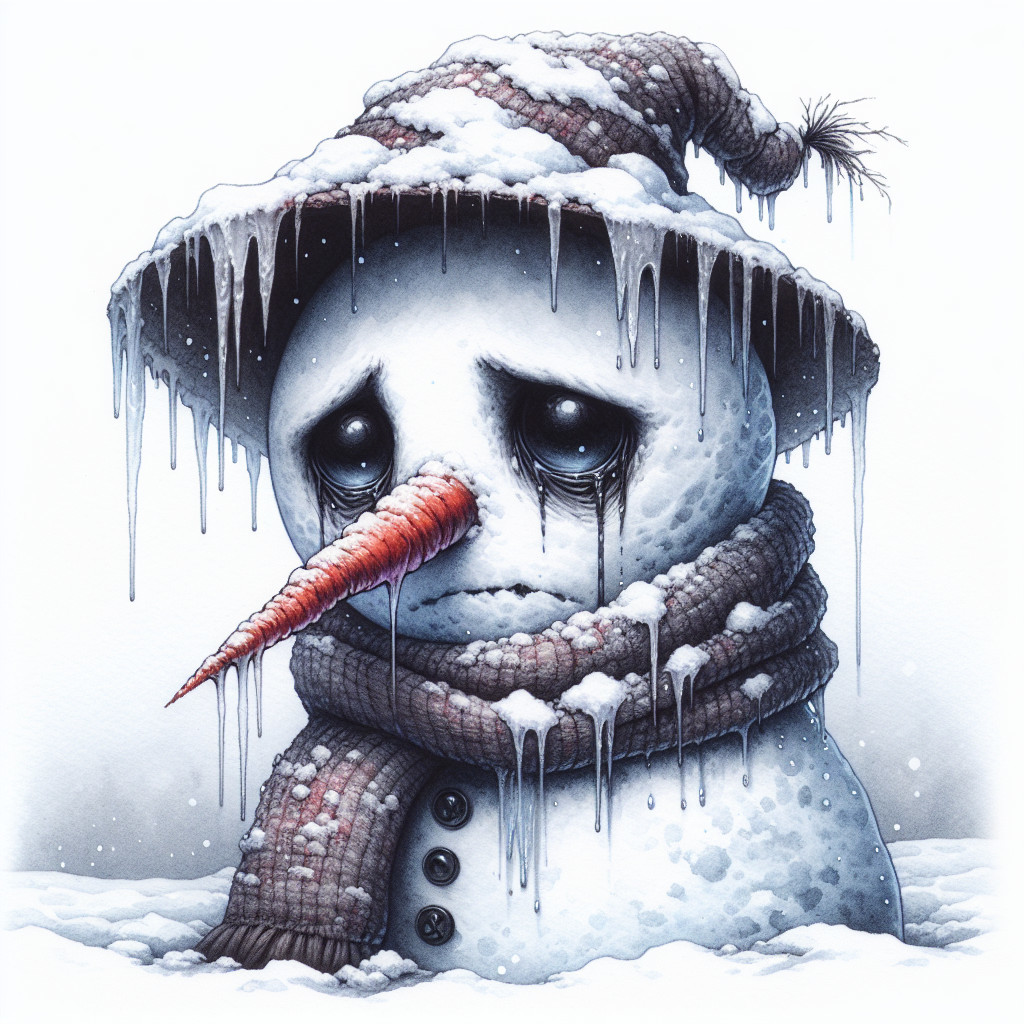 Melting Snowman with Tears in Watercolor Style