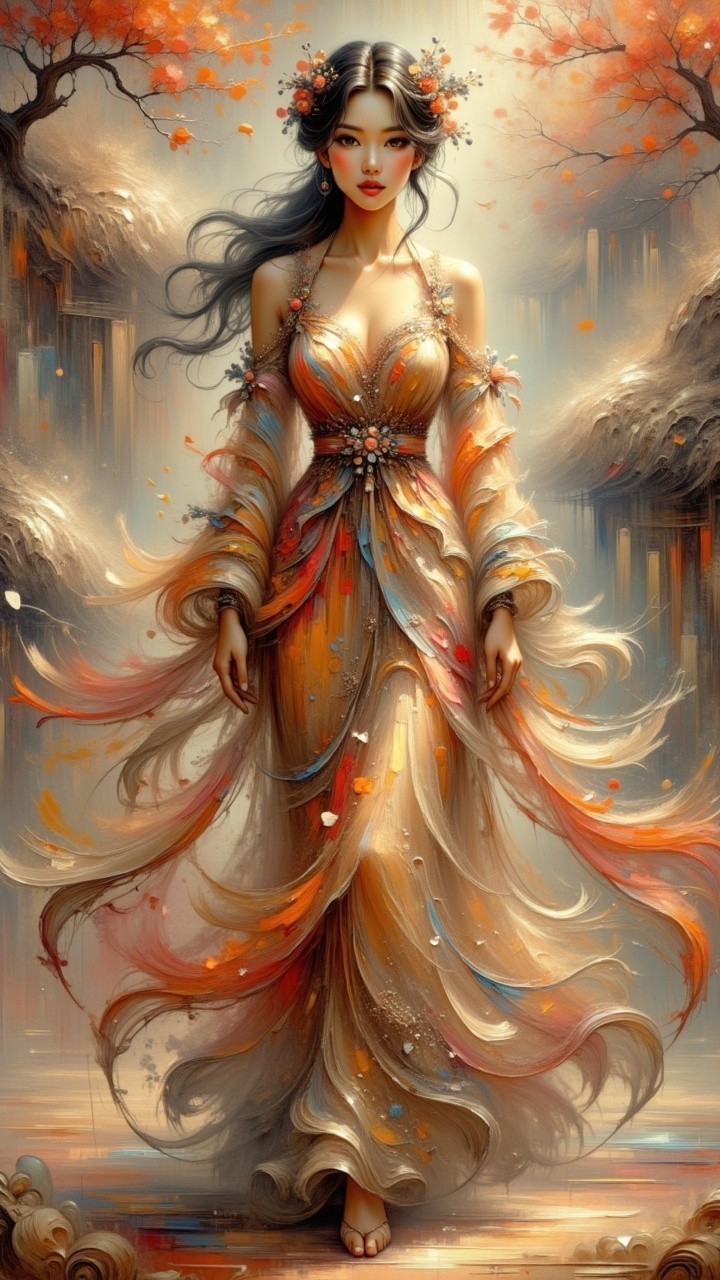Graceful figure in vibrant gown amid serene landscape