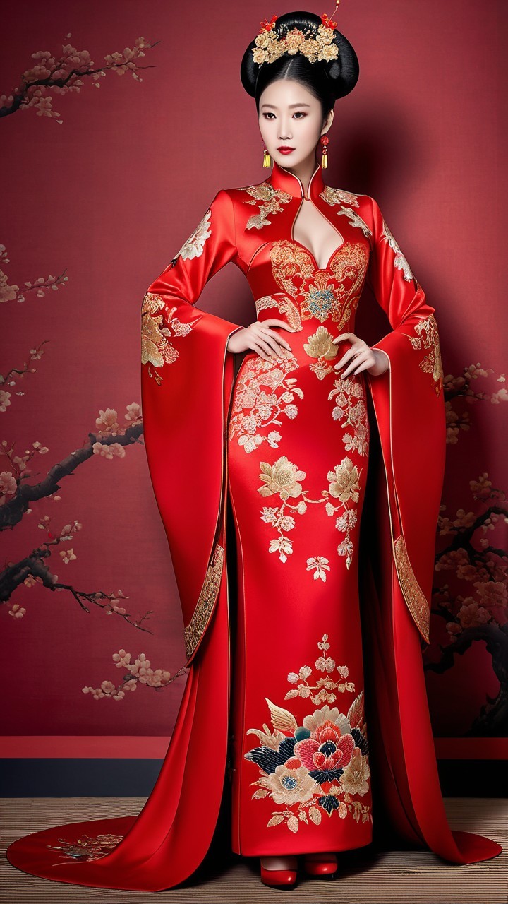 Woman in Red Dress Among Cherry Blossoms