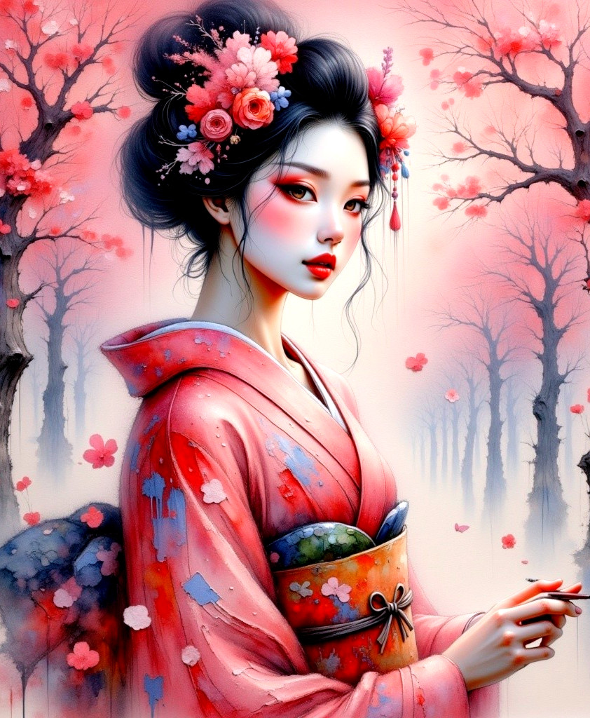 Young Woman in Kimono Amid Cherry Blossoms