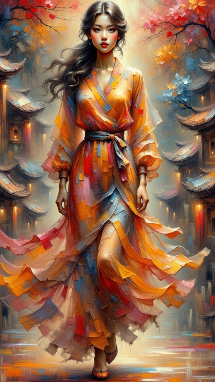 Graceful figure in vibrant dress against serene backdrop