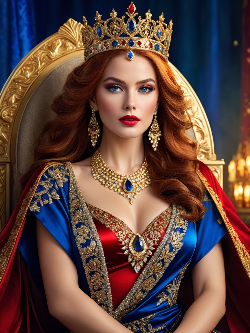 Regal Woman on Golden Throne in Luxurious Gown