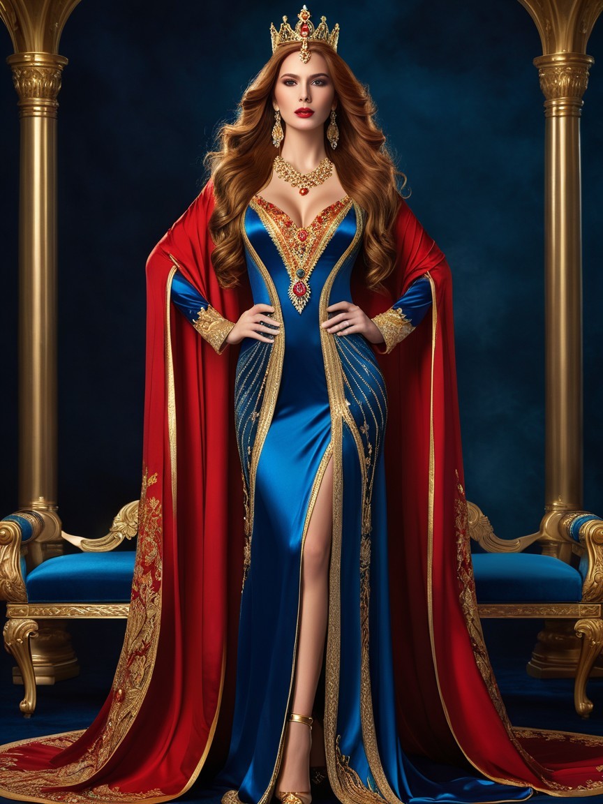Regal figure in blue gown with red cape and crown