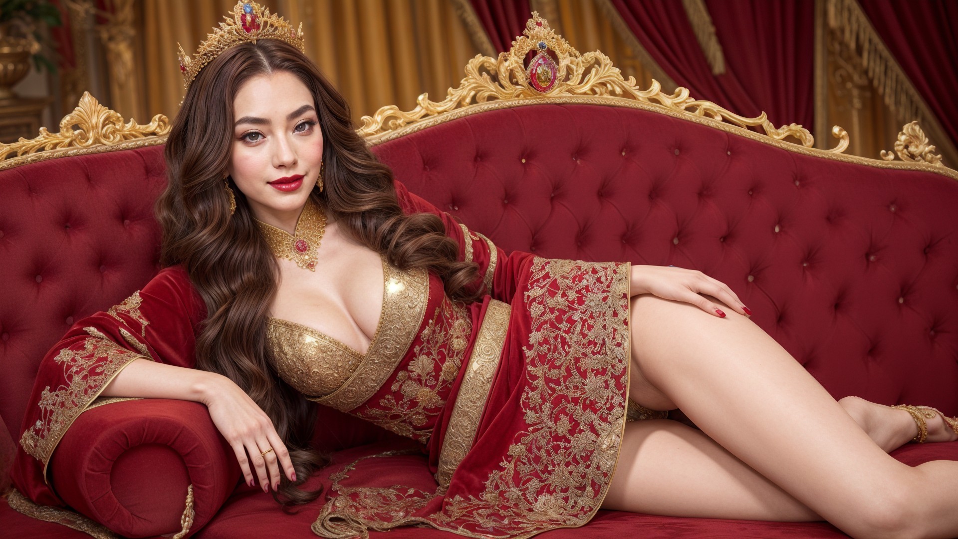 Glamorous Woman in Red and Gold Gown on Luxurious Couch