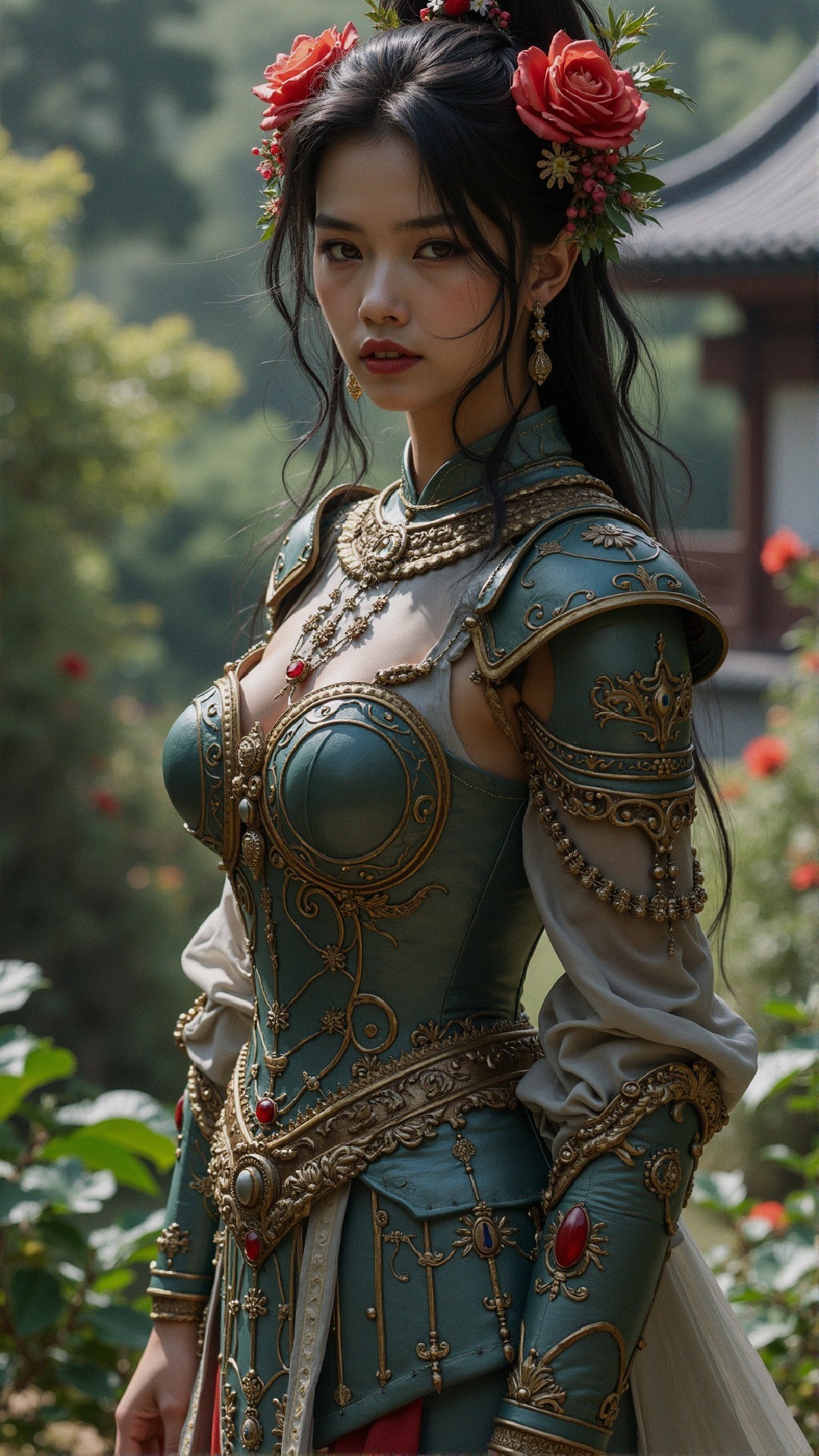 Young Woman in Intricate Costume in Serene Garden