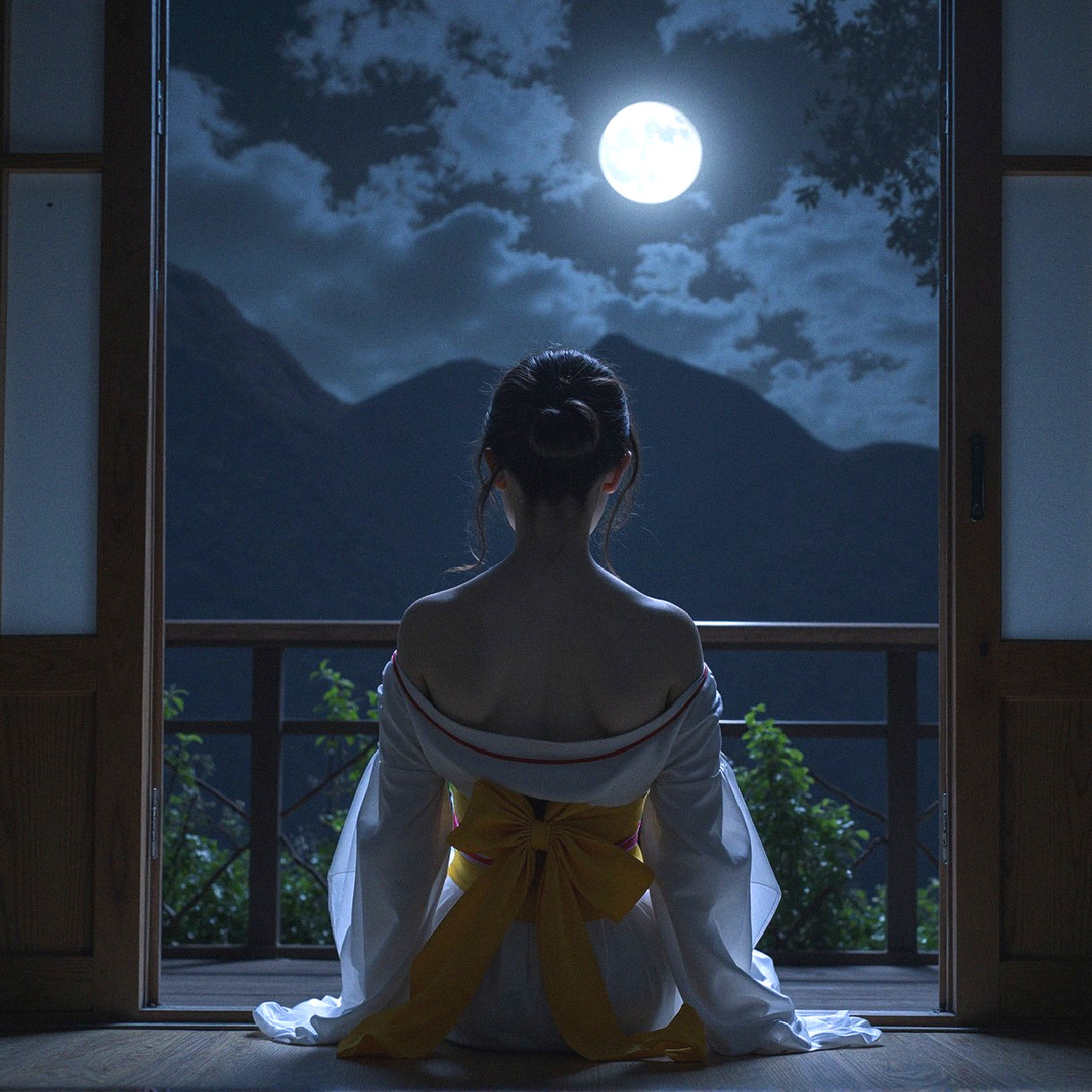 Moonlit Scene of Woman in Traditional Kimono