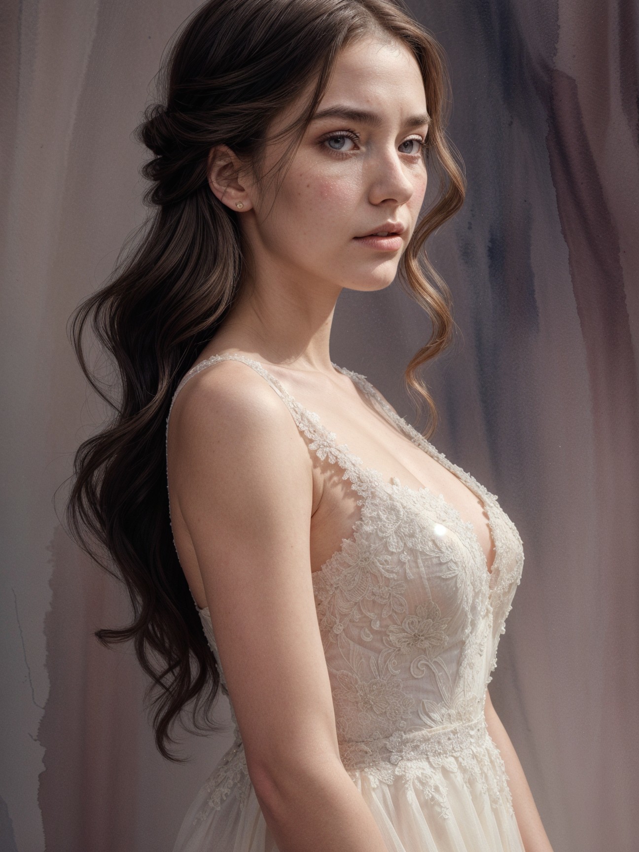 Elegant young woman in intricate lace gown with waves