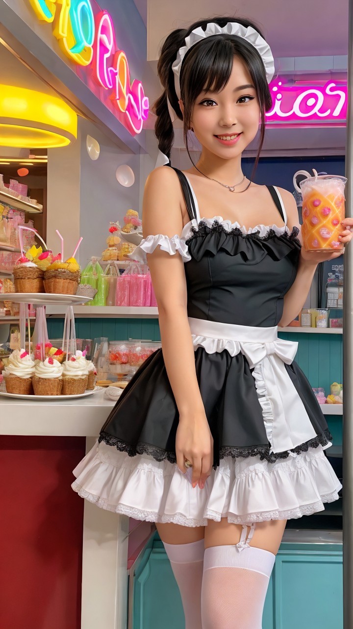 Young Woman in Playful Maid Outfit at Café Scene