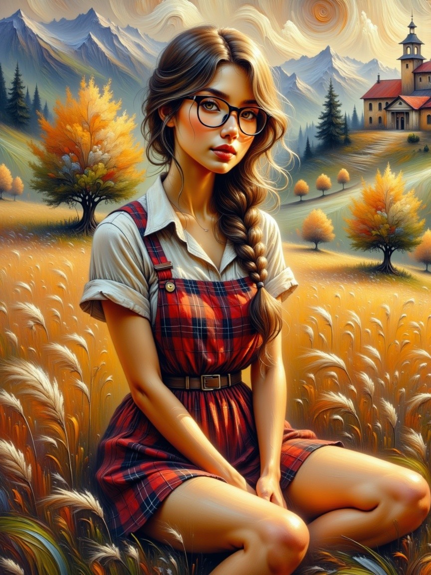 Young Woman in Plaid Dress in Golden Field Setting