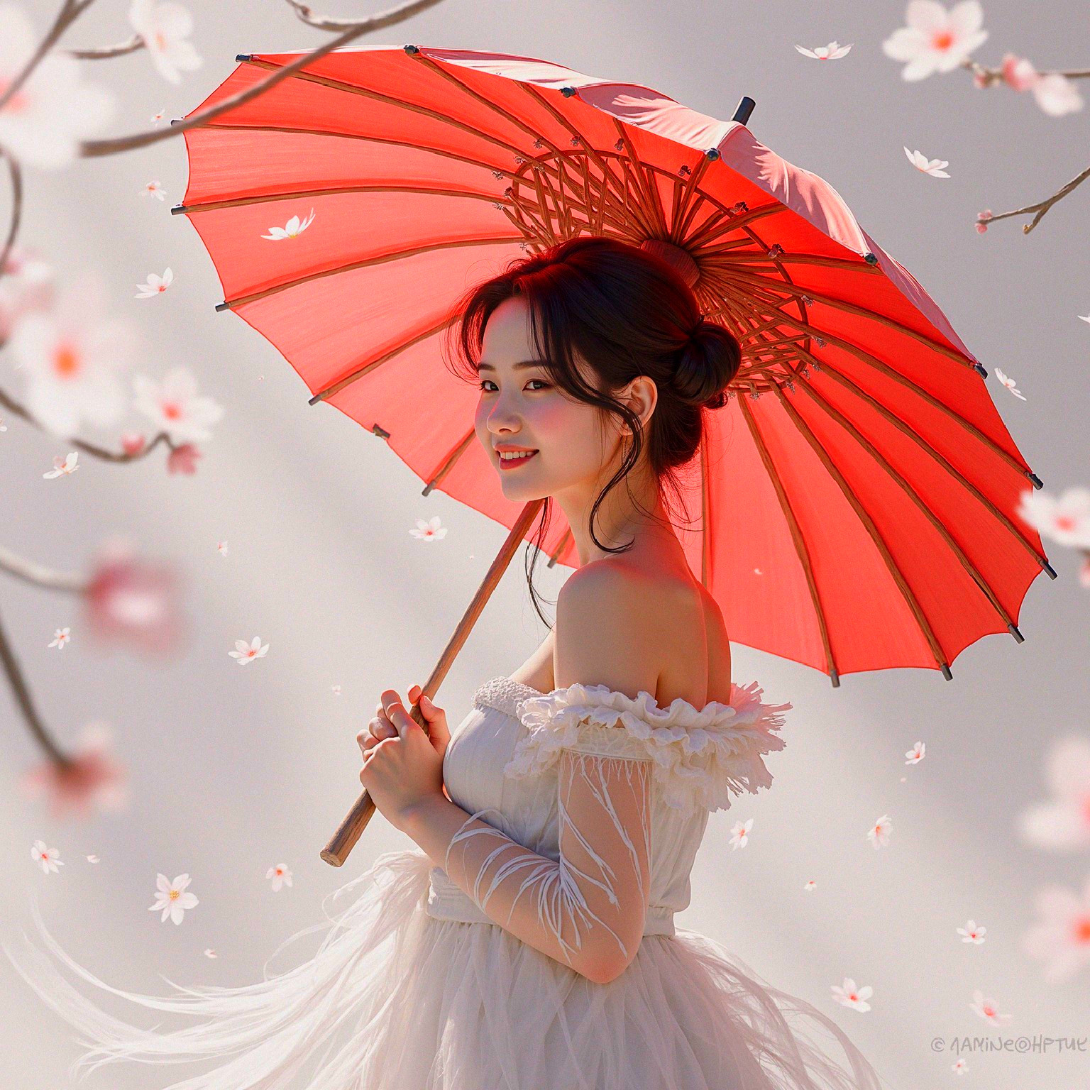 Young woman with red parasol in ethereal setting