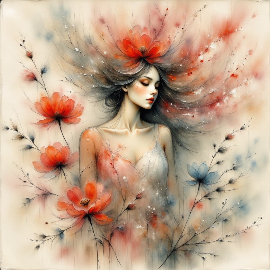 Ethereal Portrait of a Woman Among Vibrant Flowers
