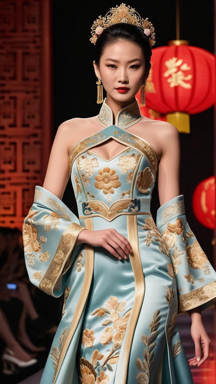 Elegant Modern Gown with Gold Embroidery and Lanterns