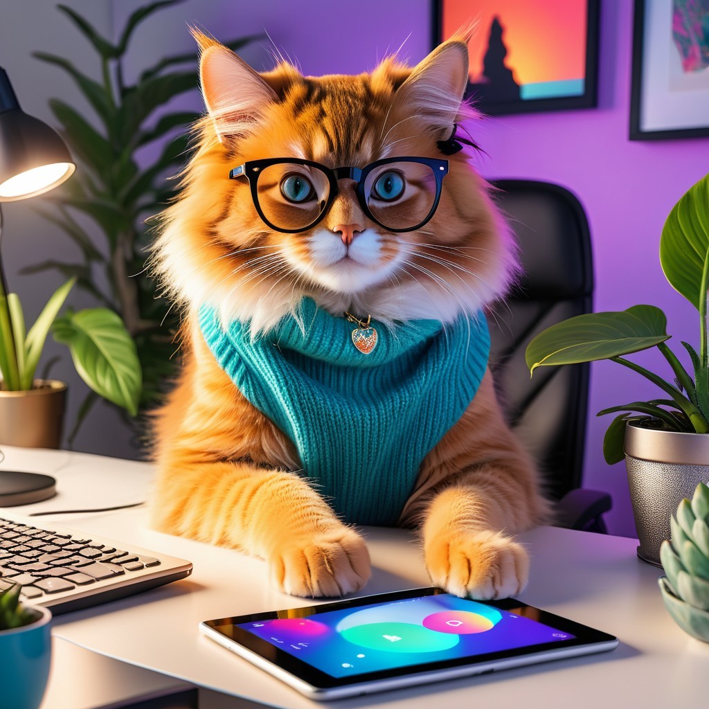 Stylish Orange Tabby Cat at Modern Desk with Tablet