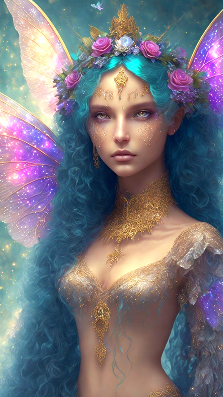 Mystical figure with turquoise curls and butterfly wings