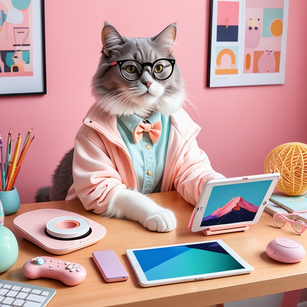 Stylish Cat at Pastel-Themed Desk with Tablet