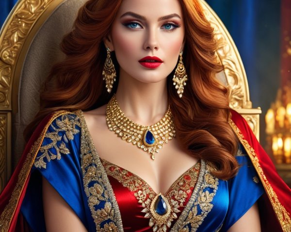 Regal Woman on Golden Throne in Luxurious Gown