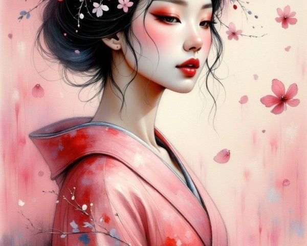 Young Woman in Pink Kimono Surrounded by Petals