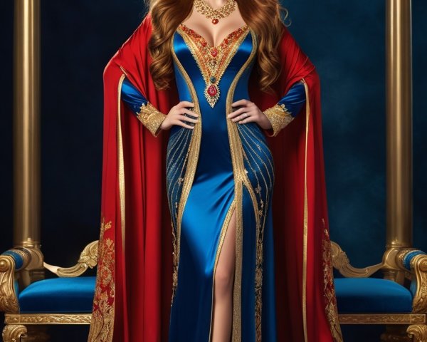 Regal figure in blue gown with red cape and crown