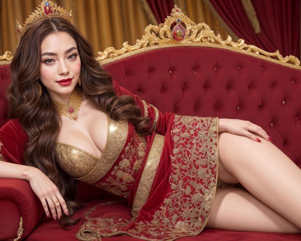 Glamorous Woman in Red and Gold Gown on Luxurious Couch