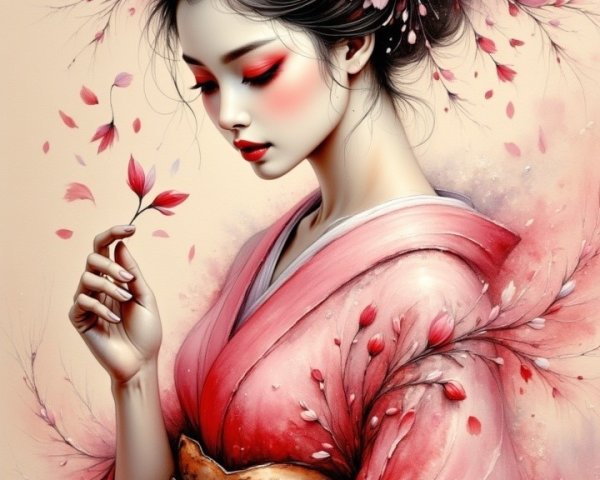 Traditional Kimono with Floral Patterns and Blossoms