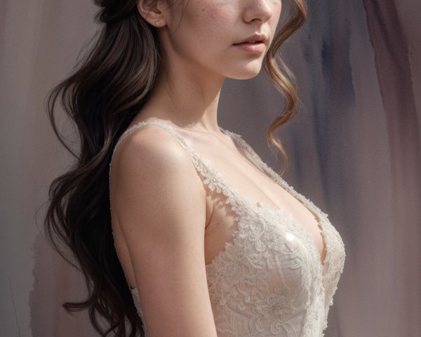 Elegant young woman in intricate lace gown with waves