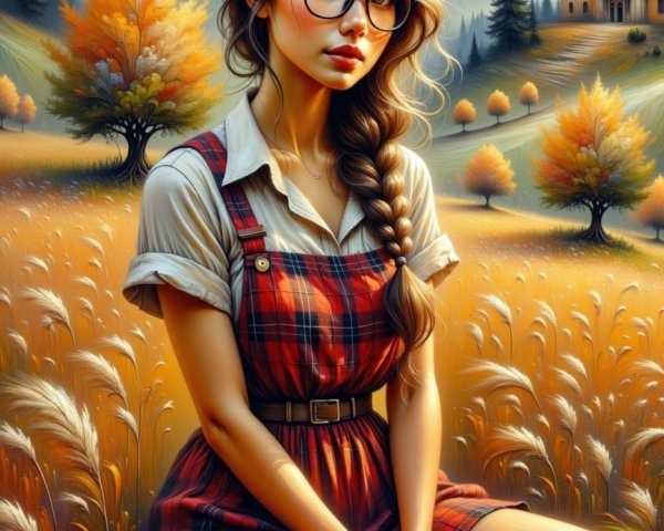 Young Woman in Plaid Dress in Golden Field Setting