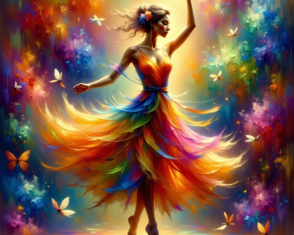 Dancer in Vibrant Dress with Butterflies and Floral Patterns