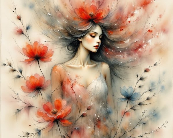 Ethereal Portrait of a Woman Among Vibrant Flowers