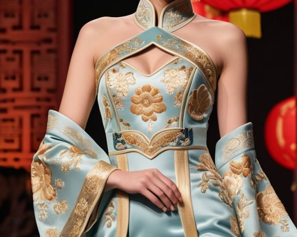 Elegant Modern Gown with Gold Embroidery and Lanterns