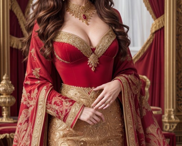 Regal Woman in Luxurious Red and Gold Decor Room