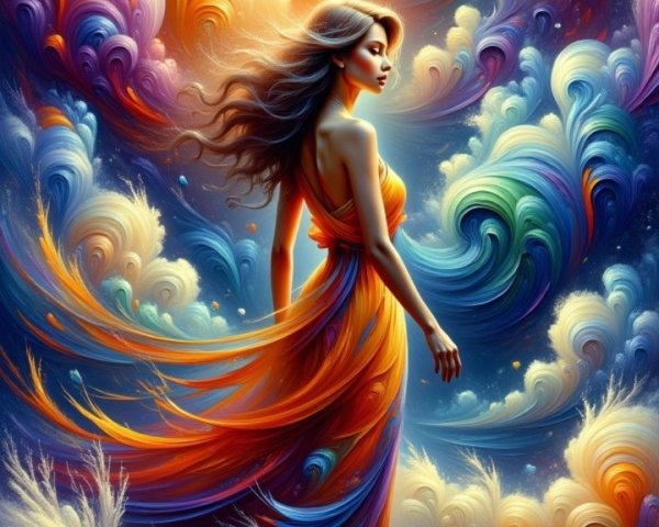 Woman in Elegant Dress Surrounded by Colorful Clouds