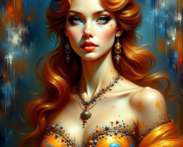 Regal woman in jeweled crown and ornate gown