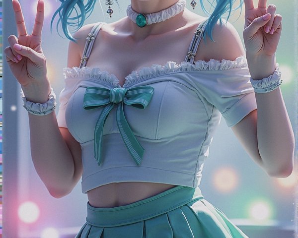 Cheerful character with blue pigtails and vibrant outfit