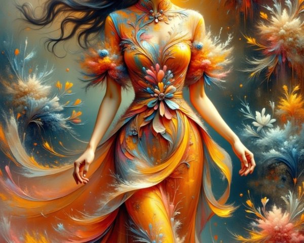 Elegant figure in floral gown with vibrant colors