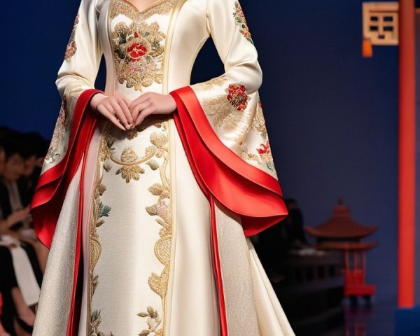 Traditional gown with floral embroidery and headpiece