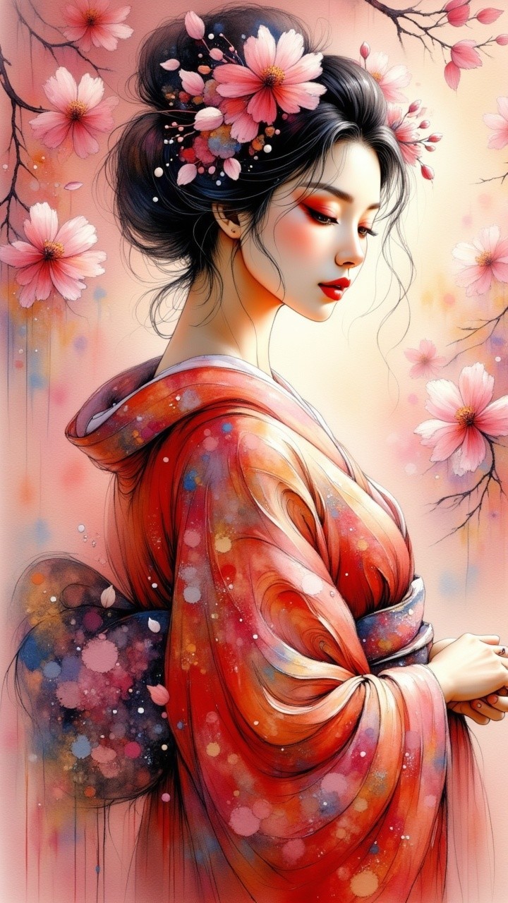 Young Woman in Kimono Surrounded by Cherry Blossoms