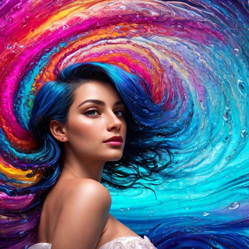 Young woman with blue hair in vibrant color swirl