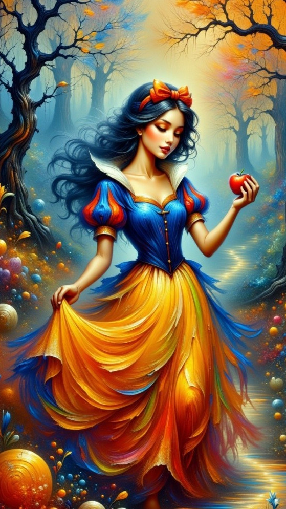 Whimsical Forest Scene with Young Woman and Apple