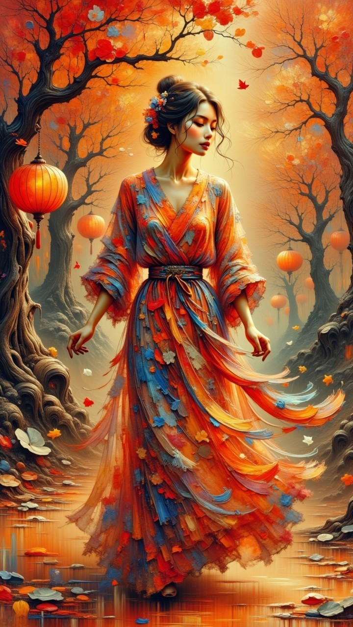 Elegant Figure in Autumn Landscape with Lanterns